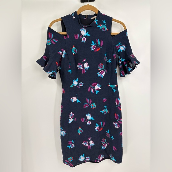 Rebecca Taylor Navy Blue Bellflower Floral Ruffle Cold Shoulder Sheath Dress 4 - Picture 2 of 15